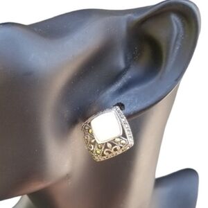 VINTAGE ORNATE STERLING SILVER EARRINGS SET WITH MOTHER OF PEARL & MARCASITE